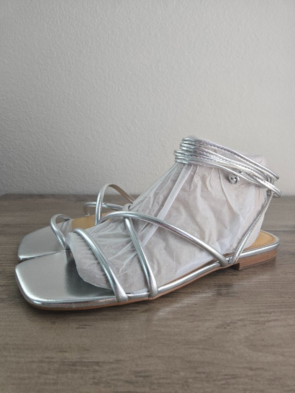 Nine West Women's Mikila Strappy Lace Up Flat Sandals Silver 6.5M